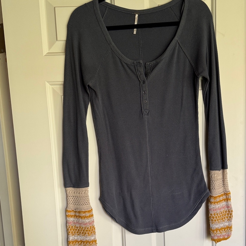 Free People Dark Gray Long Sleeve with Multicolor Cuffs